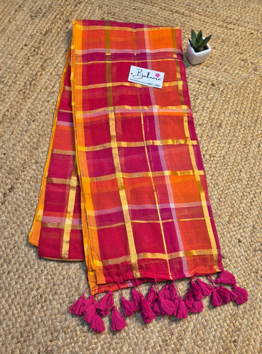 Mohini | Orange Pink Multicoloured Mul Mul Cotton Saree with Zari Check Border