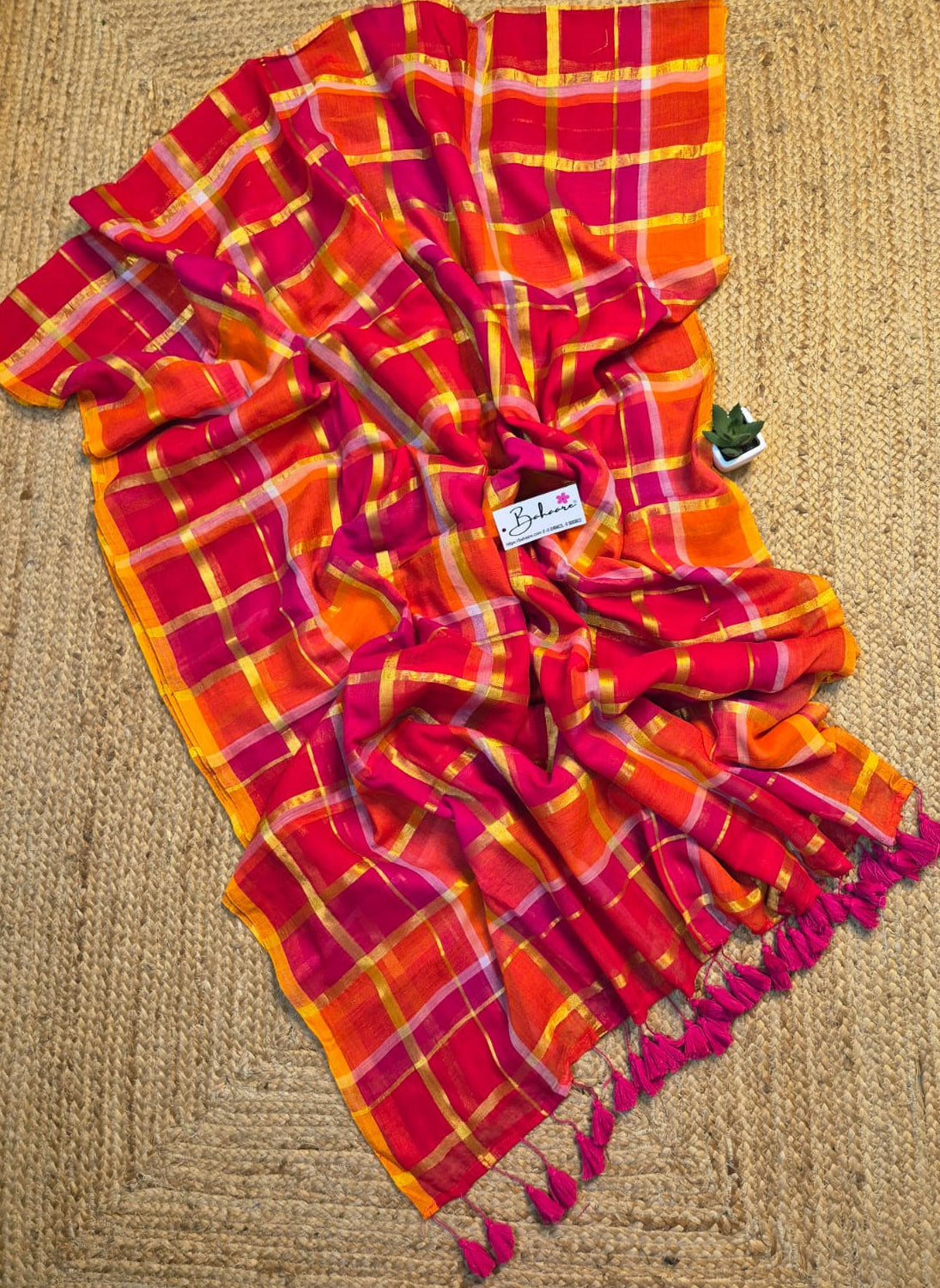 Mohini | Orange Pink Multicoloured Mul Mul Cotton Saree with Zari Check Border