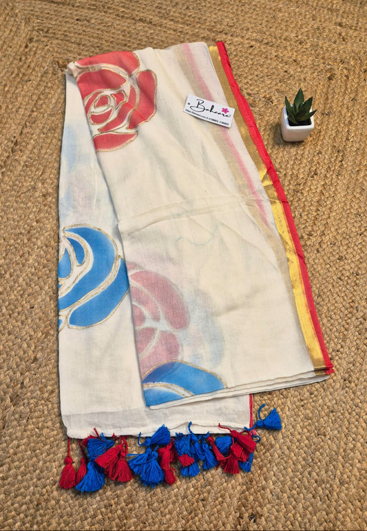 Exotic Rose | Ivory Mul Mul Cotton Saree