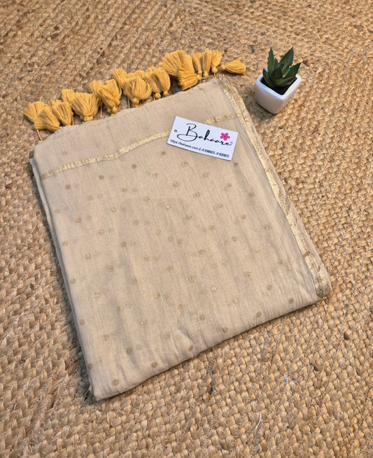 Polka Passion | Beige Mul Mul Cotton Saree with Golden Polka Dots
