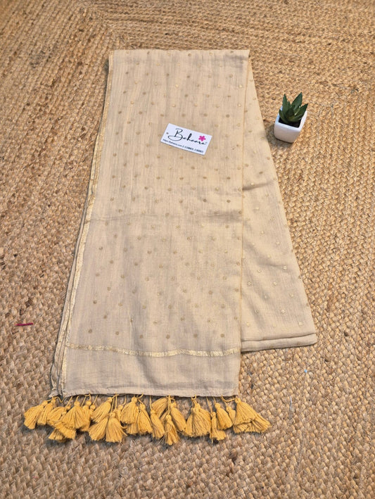 Polka Passion | Beige Mul Mul Cotton Saree with Golden Polka Dots