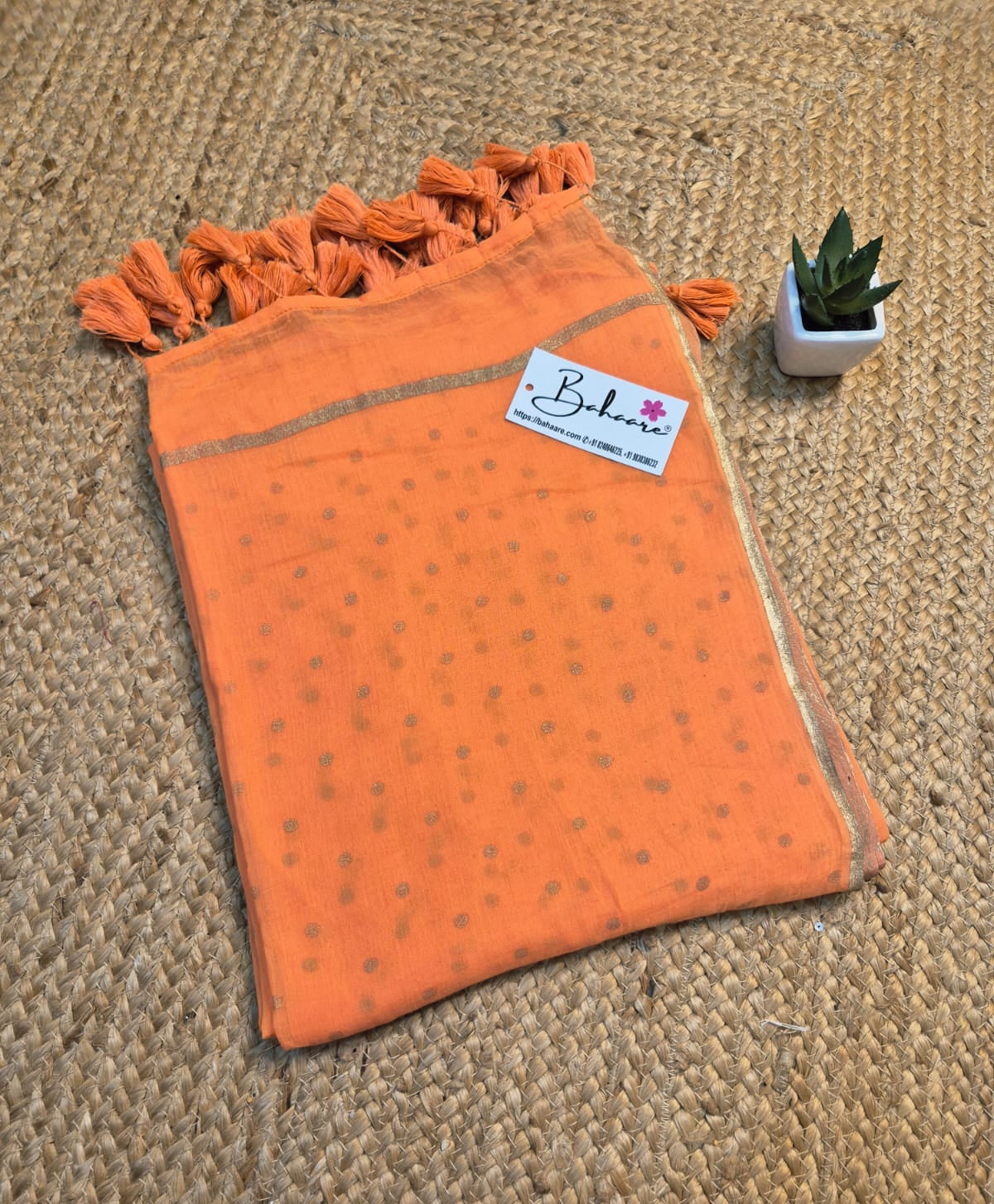 Polka Passion | Pastel Orange Mul Mul Cotton Saree with Golden Polka Dots