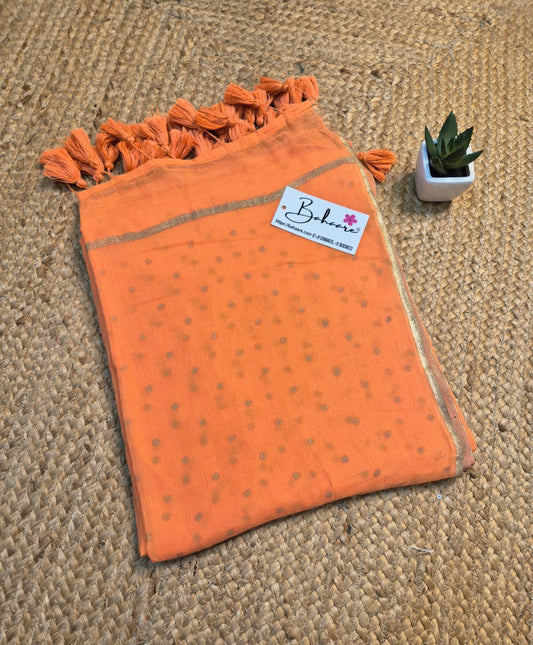 Polka Passion | Pastel Orange Mul Mul Cotton Saree with Golden Polka Dots