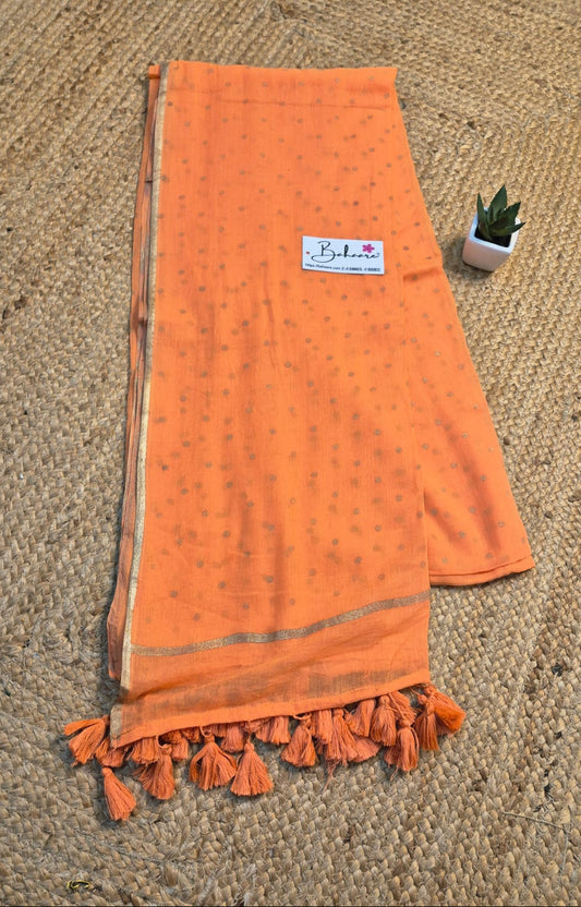 Polka Passion | Pastel Orange Mul Mul Cotton Saree with Golden Polka Dots