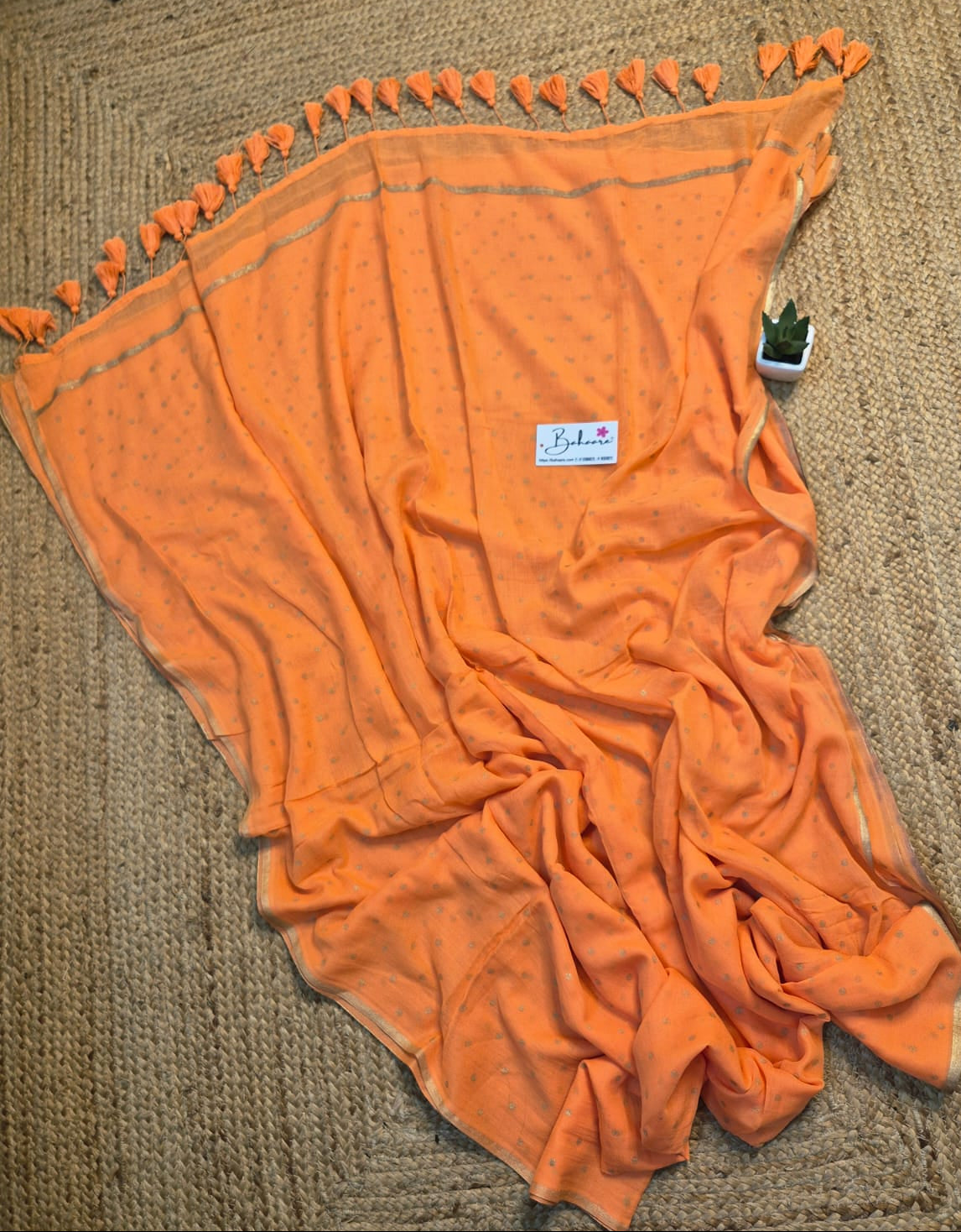 Polka Passion | Pastel Orange Mul Mul Cotton Saree with Golden Polka Dots