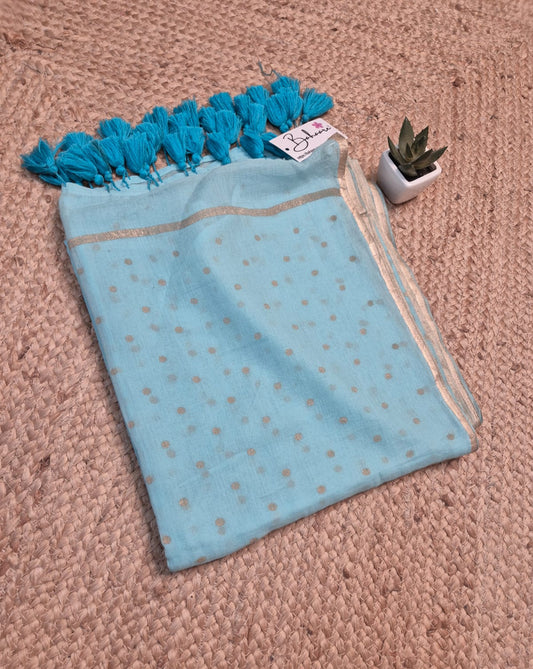 Polka Passion | Turquoise Blue Mul Mul Cotton Saree with Golden Polka Dots