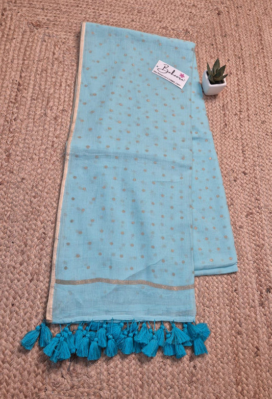 Polka Passion | Turquoise Blue Mul Mul Cotton Saree with Golden Polka Dots