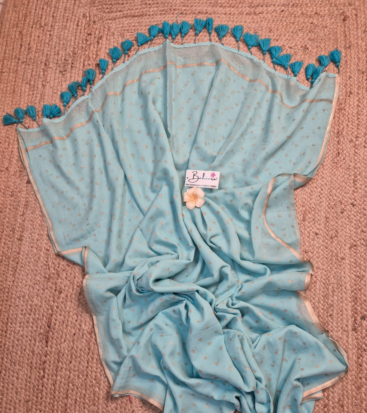 Polka Passion | Turquoise Blue Mul Mul Cotton Saree with Golden Polka Dots