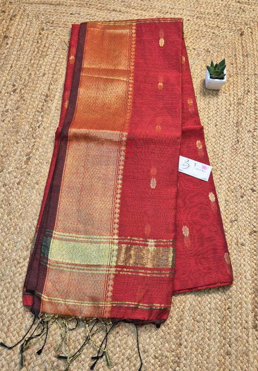 Cotton Galleria | Royal Maroon Maheshwari Cotton-Silk Saree