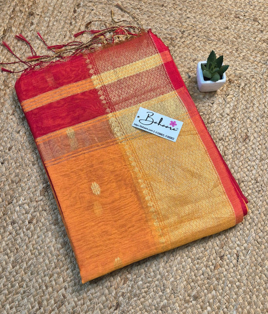 Cotton Galleria | Sindoor Red with Haldi Yellow Maheshwari Cotton-Silk Saree