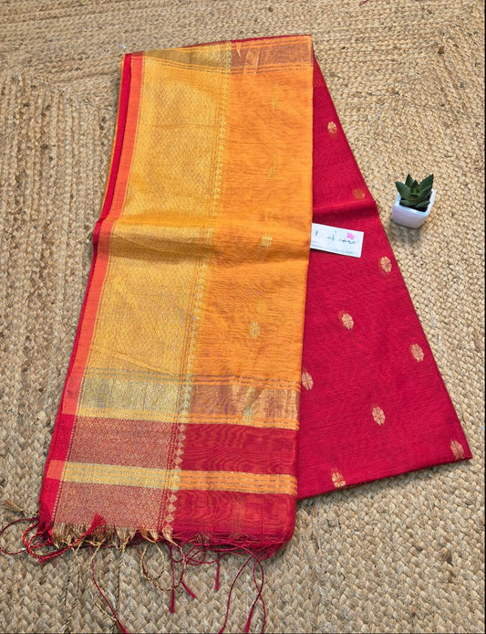 Cotton Galleria | Sindoor Red with Haldi Yellow Maheshwari Cotton-Silk Saree