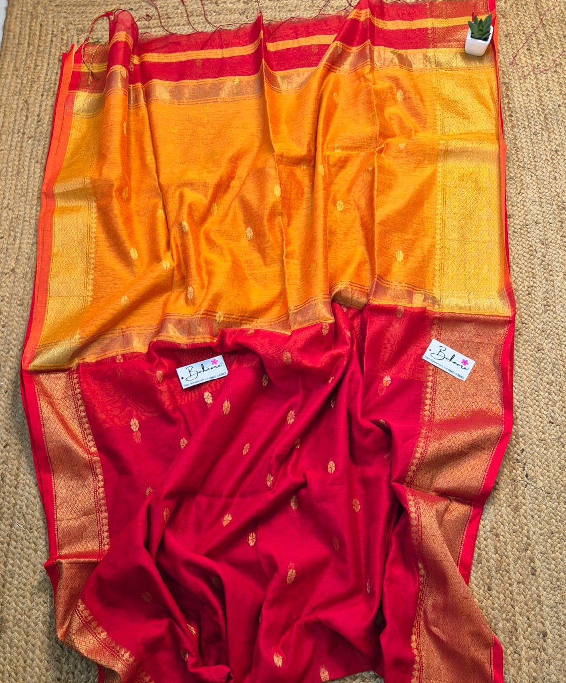 Cotton Galleria | Sindoor Red with Haldi Yellow Maheshwari Cotton-Silk Saree
