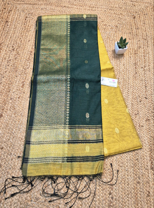 Cotton Galleria | Lime Yellow with Deep Green Maheshwari Cotton-Silk Saree