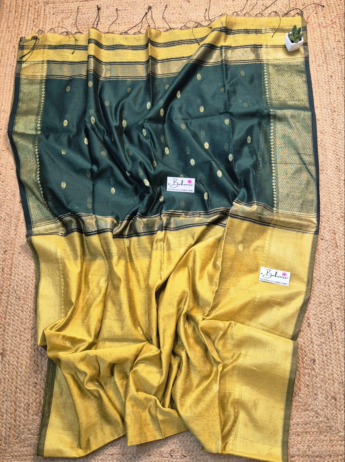 Cotton Galleria | Lime Yellow with Deep Green Maheshwari Cotton-Silk Saree