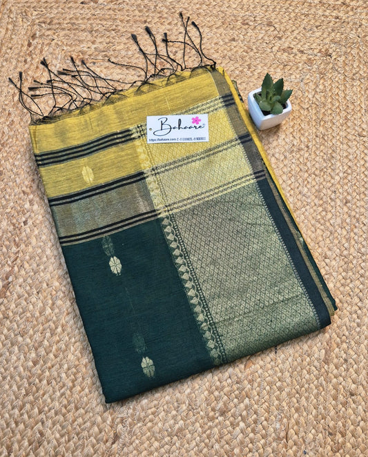 Cotton Galleria | Lime Yellow with Deep Green Maheshwari Cotton-Silk Saree
