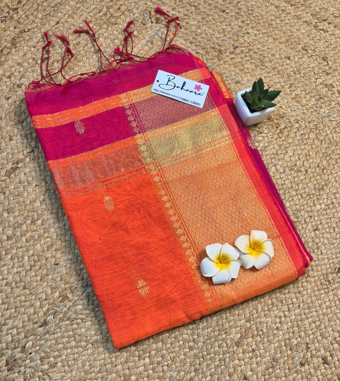 Cotton Galleria | Rani Pink with Sunset Orange Maheshwari Cotton-Silk Saree