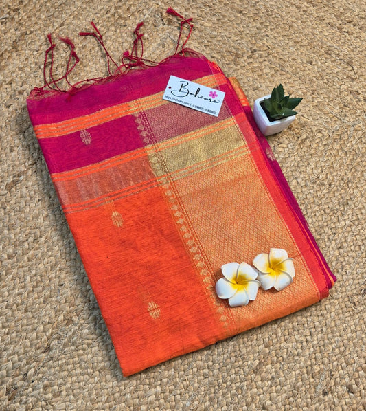 Cotton Galleria | Rani Pink with Sunset Orange Maheshwari Cotton-Silk Saree