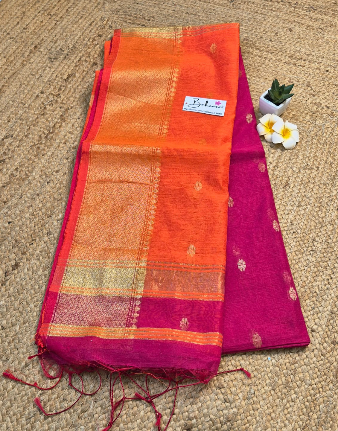 Cotton Galleria | Rani Pink with Sunset Orange Maheshwari Cotton-Silk Saree