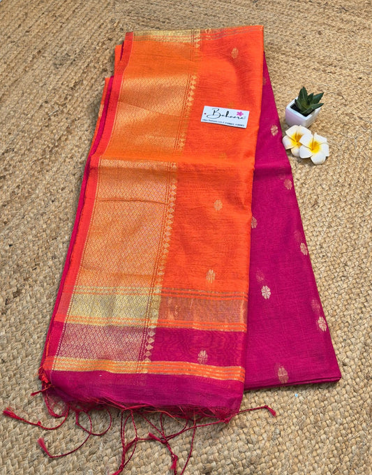 Cotton Galleria | Rani Pink with Sunset Orange Maheshwari Cotton-Silk Saree