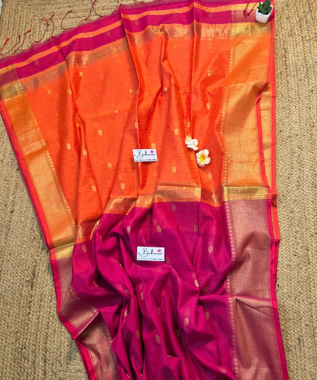 Cotton Galleria | Rani Pink with Sunset Orange Maheshwari Cotton-Silk Saree