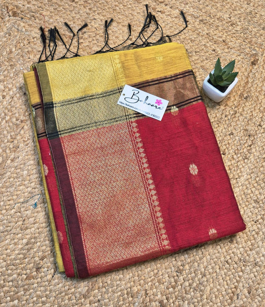 Cotton Galleria | Marigold Yellow with Maroon Maheshwari Cotton-Silk Saree