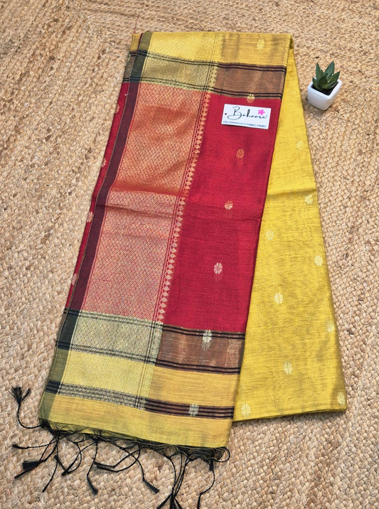 Cotton Galleria | Marigold Yellow with Maroon Maheshwari Cotton-Silk Saree