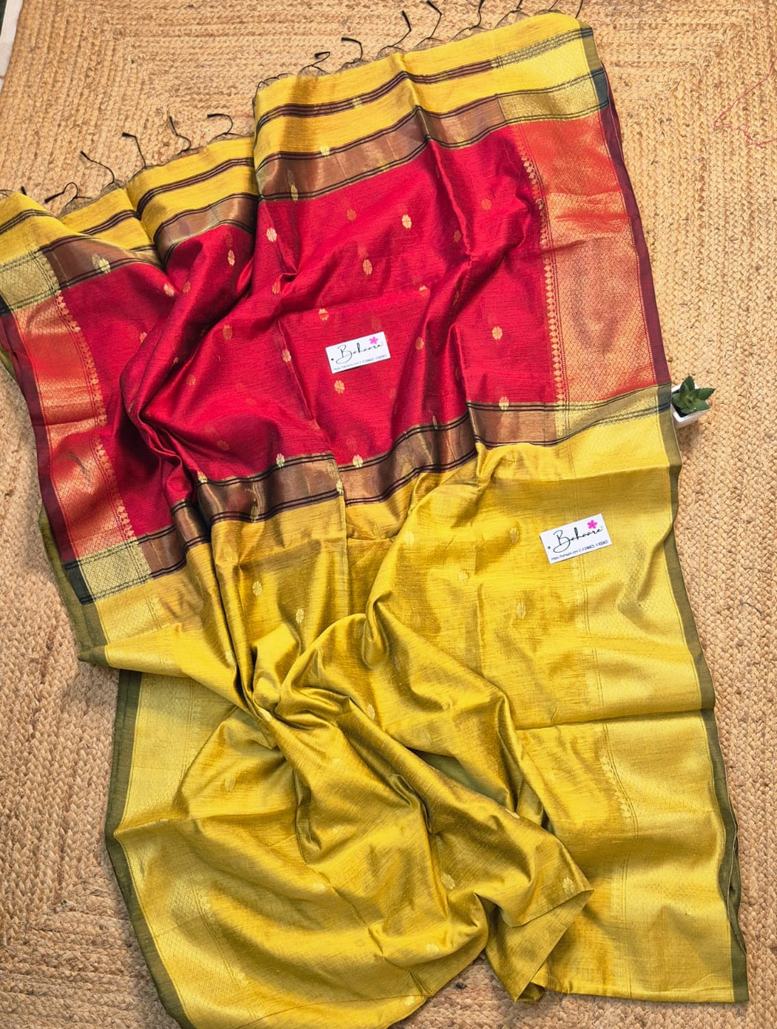 Cotton Galleria | Marigold Yellow with Maroon Maheshwari Cotton-Silk Saree