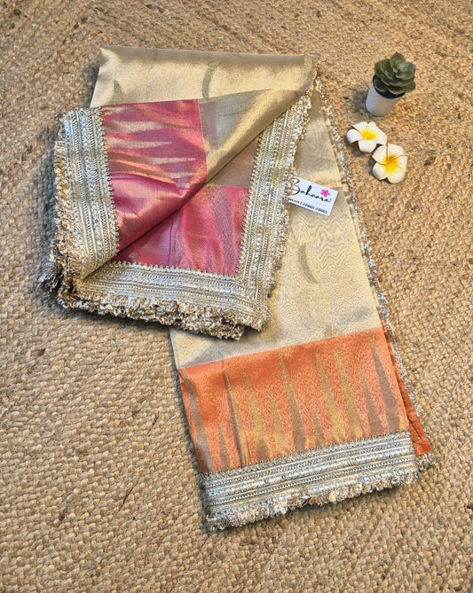 Utsav | White Gold Tissue Organza Silk Saree with Zari Lace