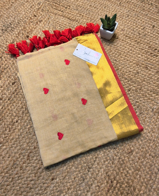 Dil | Almond Cream Mul Mul Cotton Saree with Red Heart and Golden Zari Border