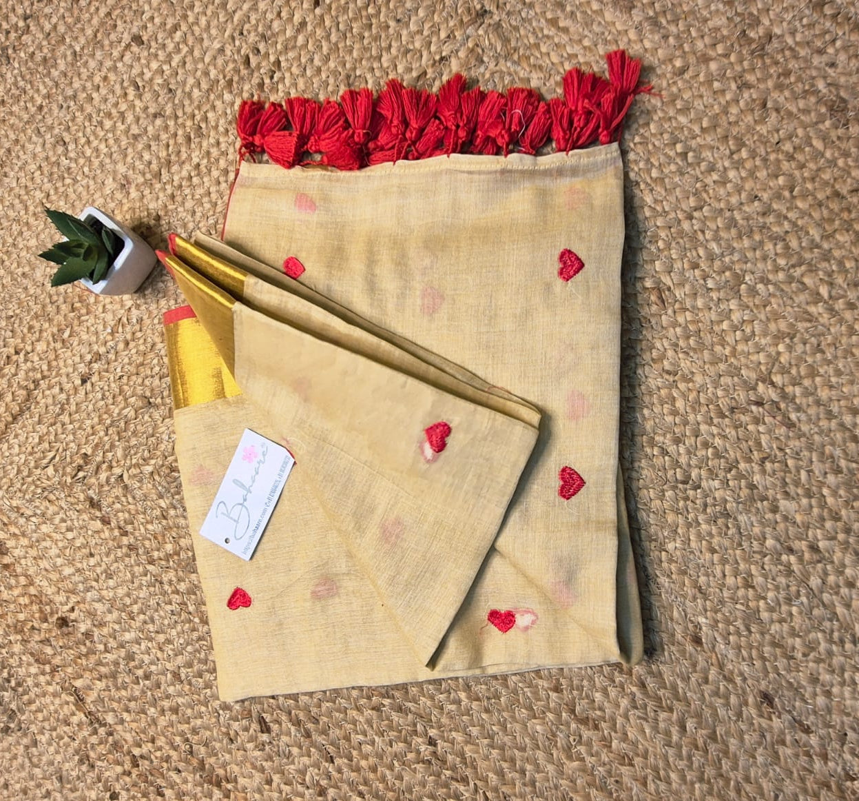 Dil | Almond Cream Mul Mul Cotton Saree with Red Heart and Golden Zari Border
