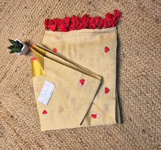 Dil | Almond Cream Mul Mul Cotton Saree with Red Heart and Golden Zari Border