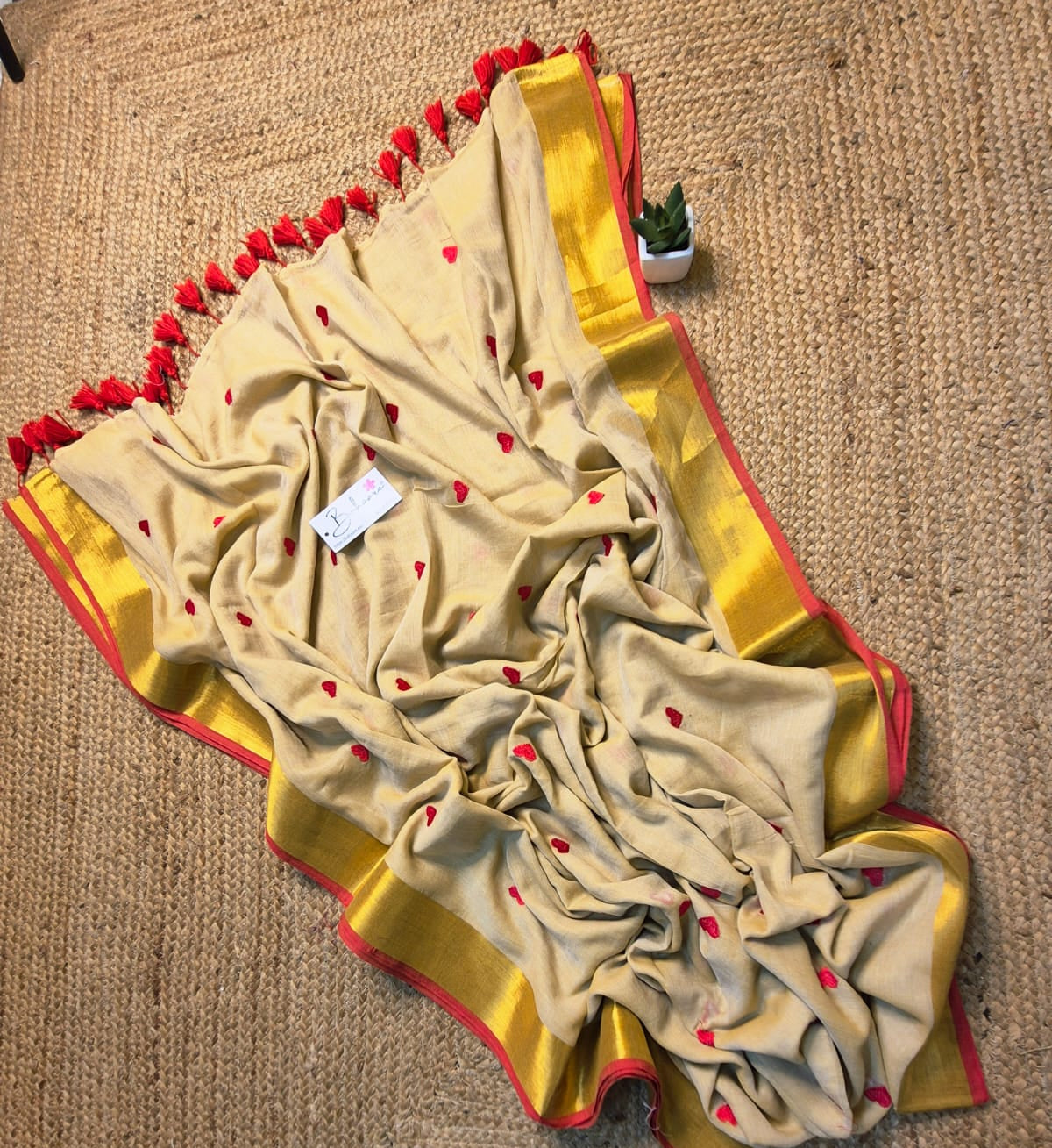 Dil | Almond Cream Mul Mul Cotton Saree with Red Heart and Golden Zari Border