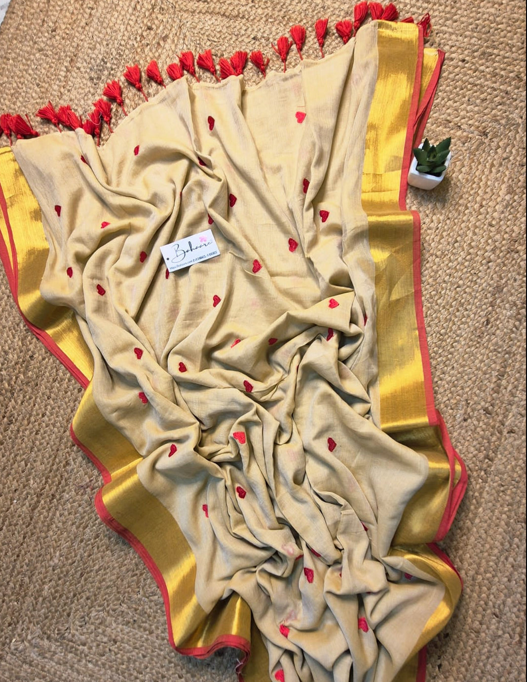 Dil | Almond Cream Mul Mul Cotton Saree with Red Heart and Golden Zari Border