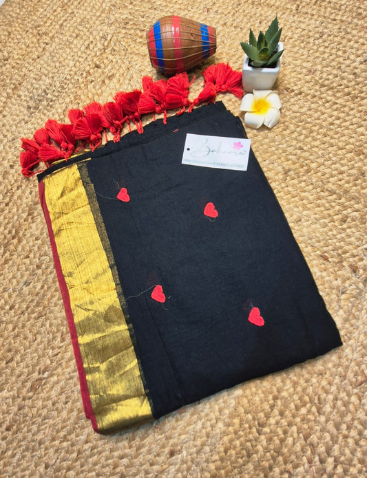 Dil | Midnight Black Mul Mul Cotton Saree with Red Hearts and Golden Zari Border