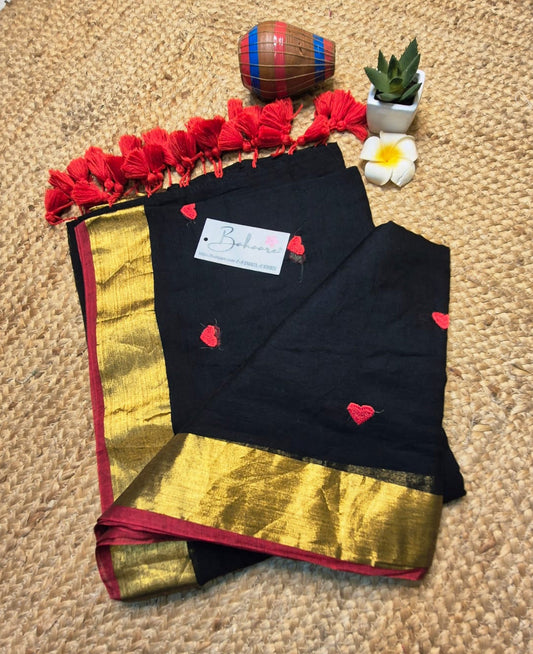 Dil | Midnight Black Mul Mul Cotton Saree with Red Hearts and Golden Zari Border