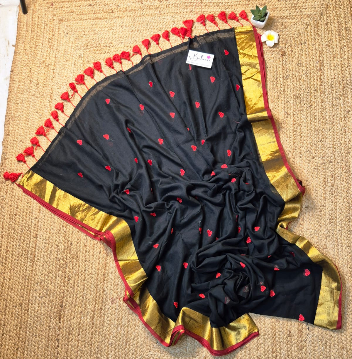 Dil | Midnight Black Mul Mul Cotton Saree with Red Hearts and Golden Zari Border