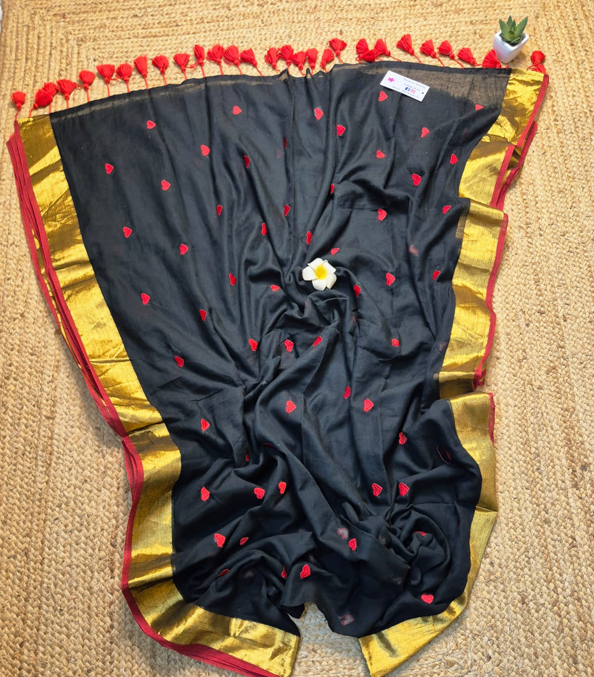 Dil | Midnight Black Mul Mul Cotton Saree with Red Hearts and Golden Zari Border