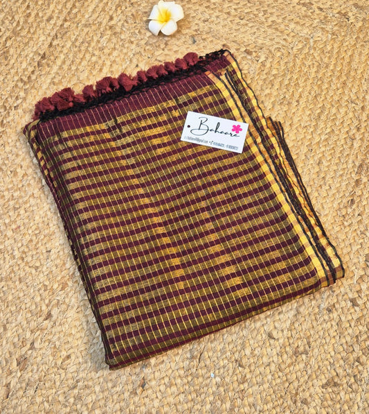Afreen | Crimson Maroon Tissue Saree with Golden Zari Stripe
