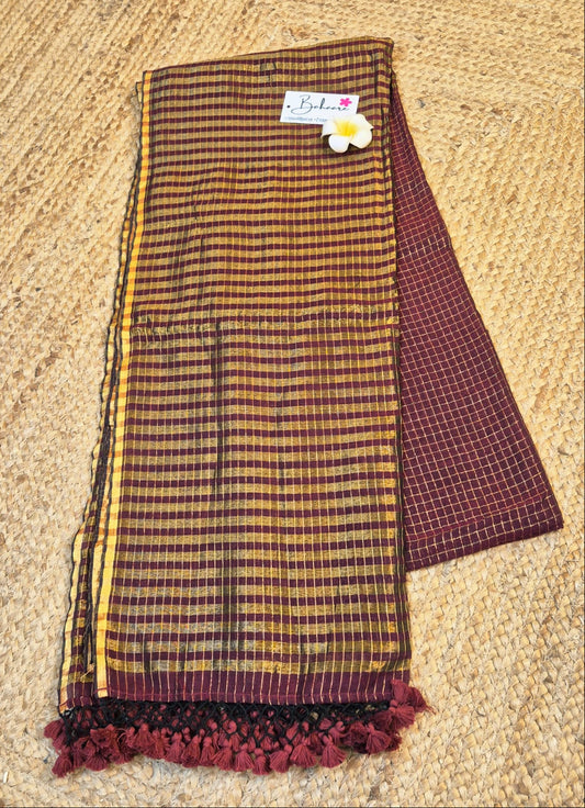 Afreen | Crimson Maroon Tissue Saree with Golden Zari Stripe
