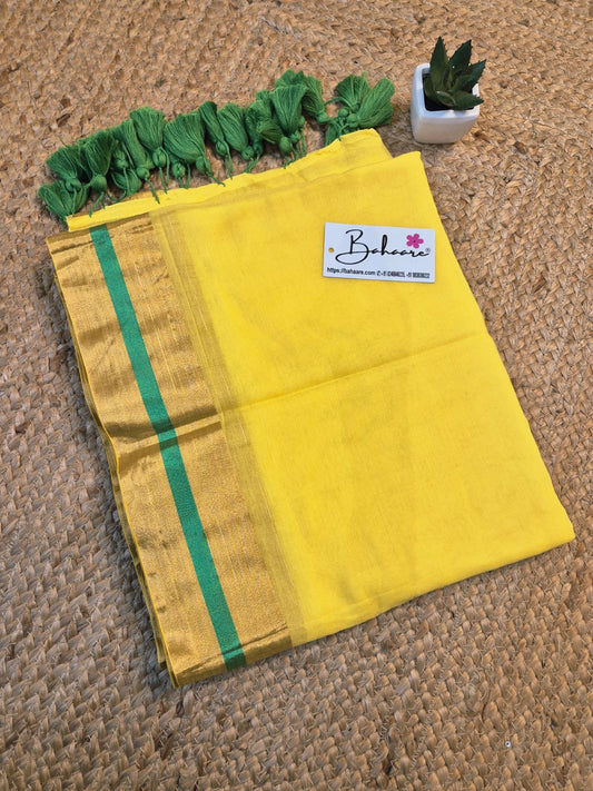 Noor | Haldi Hues Mul Mul Cotton Saree with Golden Zari Border