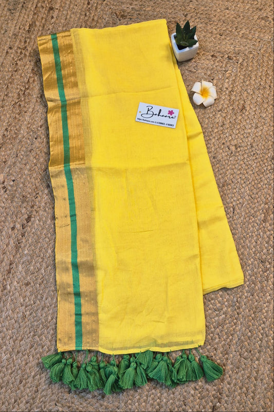 Noor | Haldi Hues Mul Mul Cotton Saree with Golden Zari Border