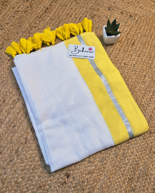 Noor | Ivory Glow Mul Mul Cotton Saree with Yellow Border