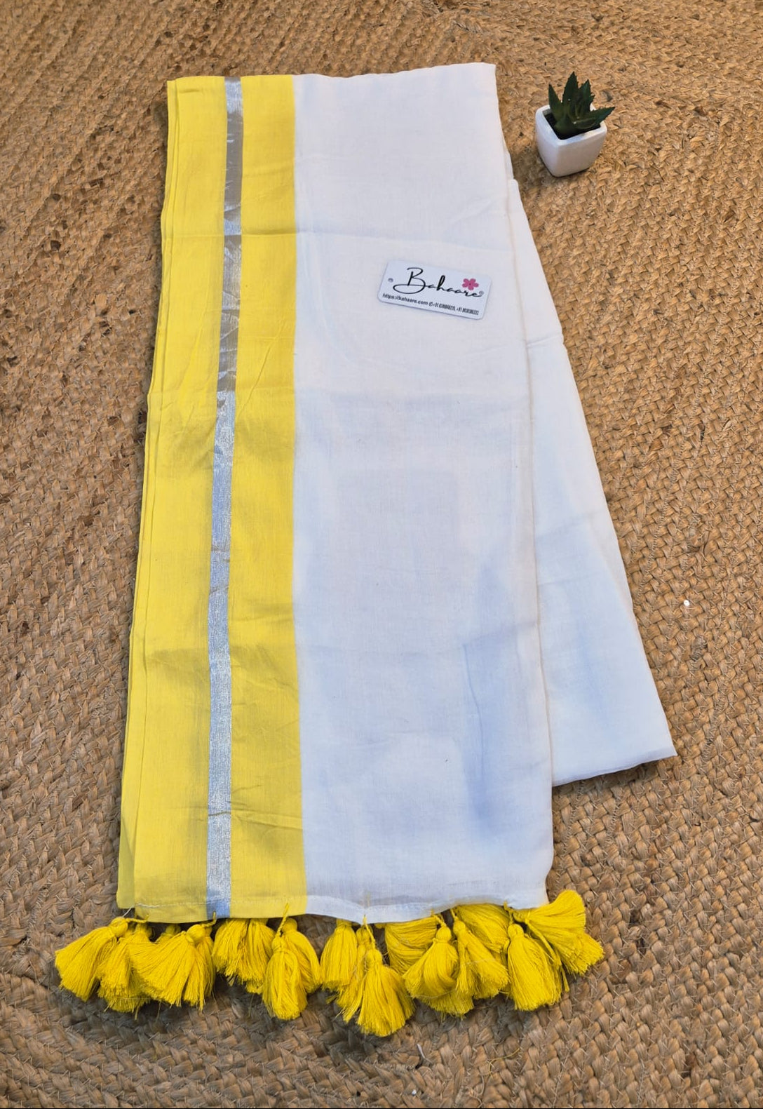 Noor | Ivory Glow Mul Mul Cotton Saree with Yellow Border