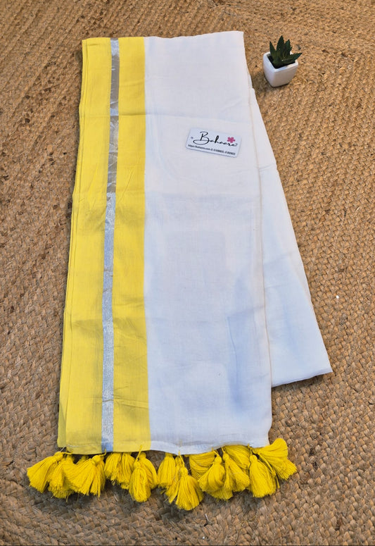 Noor | Ivory Glow Mul Mul Cotton Saree with Yellow Border