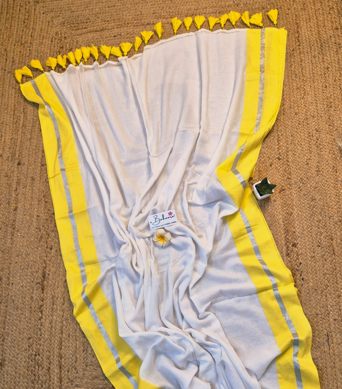 Noor | Ivory Glow Mul Mul Cotton Saree with Yellow Border