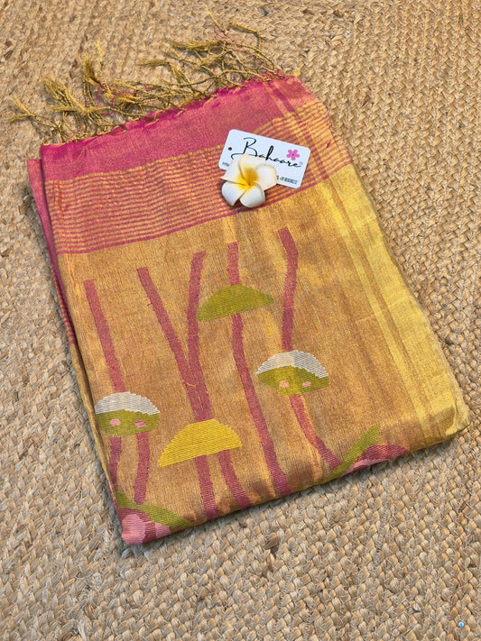 Springtime Serenity | Rose Gold Tissue Linen Saree with Paithani Motif