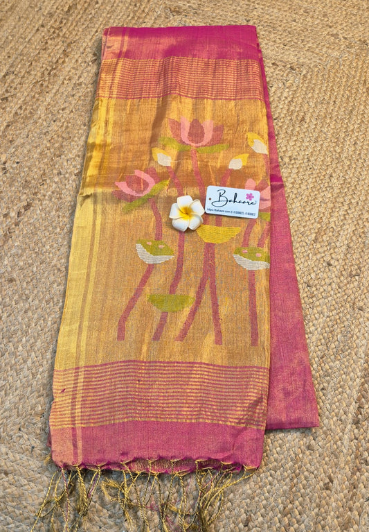 Springtime Serenity | Rose Gold Tissue Linen Saree with Paithani Motif