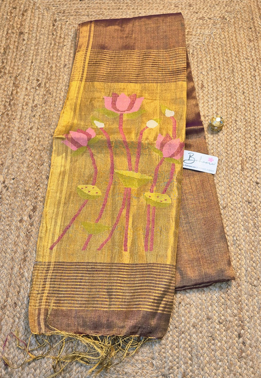Springtime Serenity | Metallic Gold Tissue Linen Saree with Paithani Motif