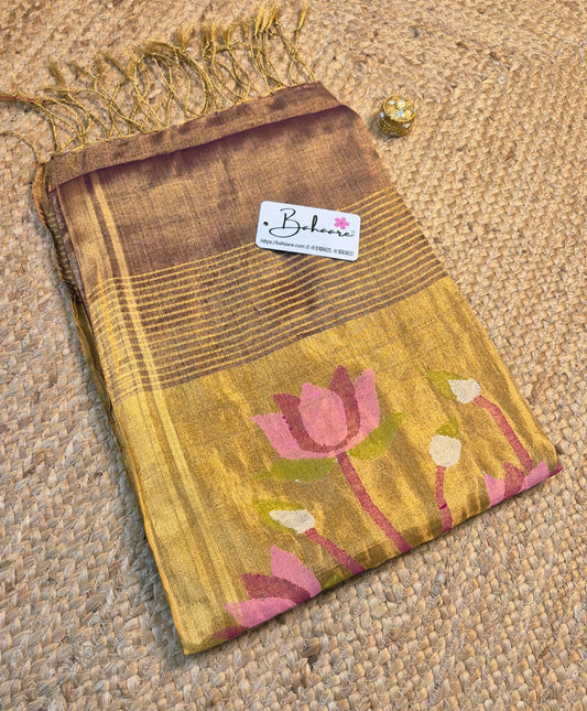 Springtime Serenity | Metallic Gold Tissue Linen Saree with Paithani Motif