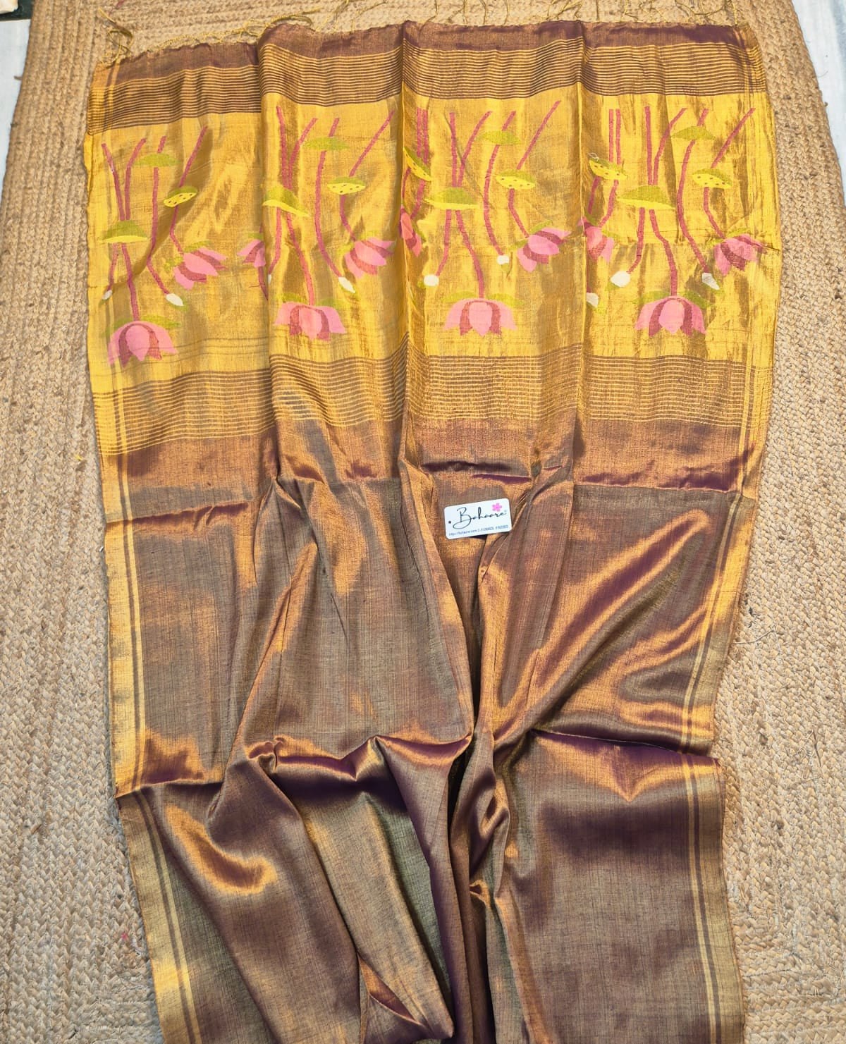 Springtime Serenity | Metallic Gold Tissue Linen Saree with Paithani Motif